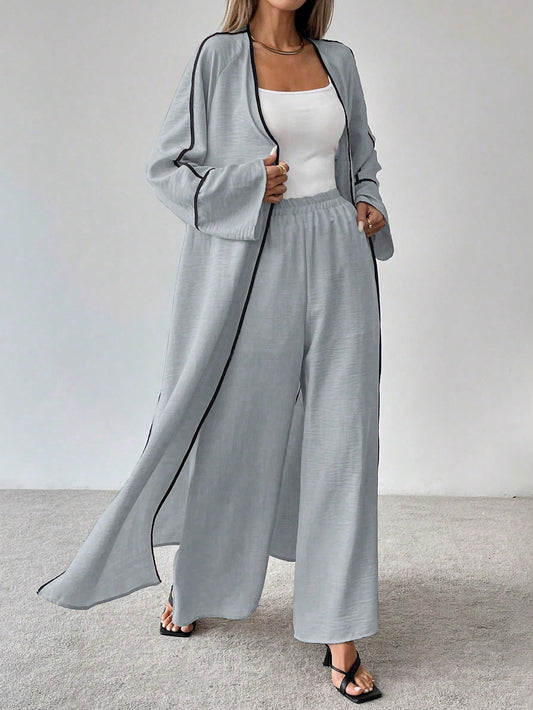 Ensemble Élégance Contrastée 2 Pièces – Veste Longue & Pantalon Large