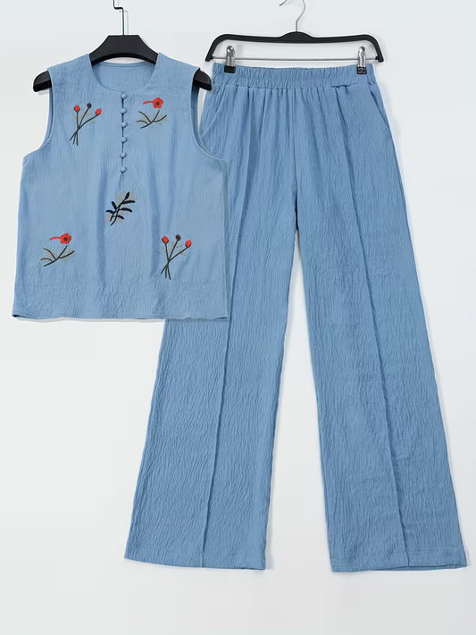 Ensemble Femme Brodé Élégant – Haut Fluide & Pantalon Confortable