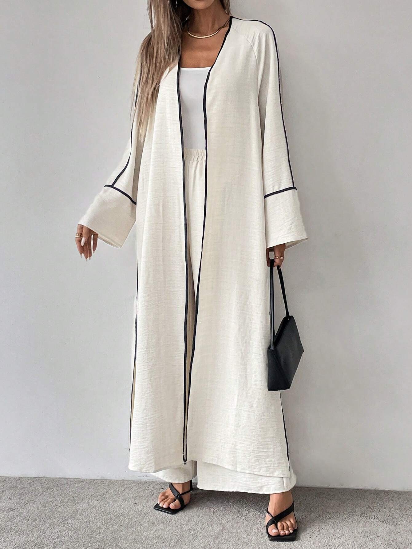 Ensemble Élégance Contrastée 2 Pièces – Veste Longue & Pantalon Large