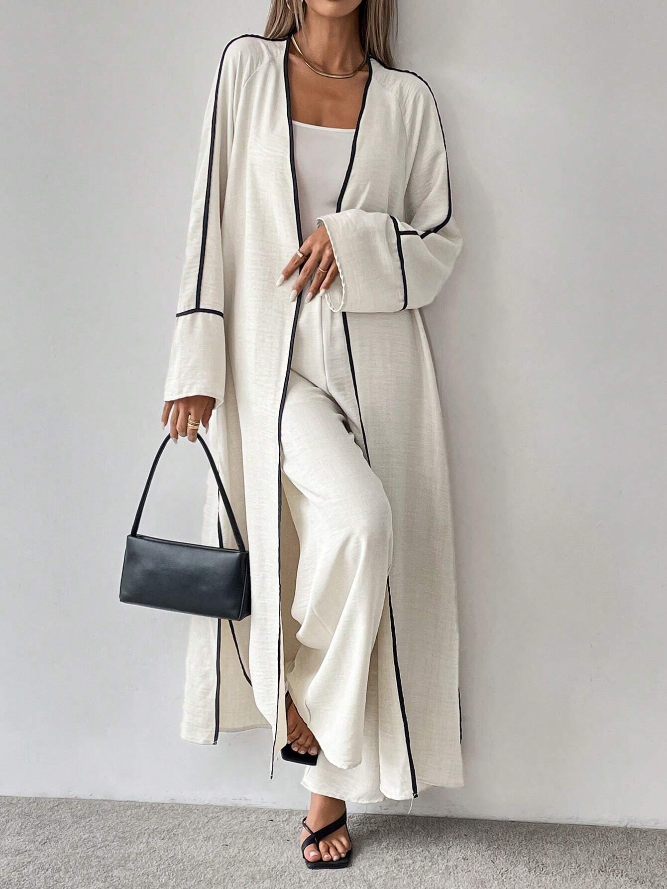 Ensemble Élégance Contrastée 2 Pièces – Veste Longue & Pantalon Large