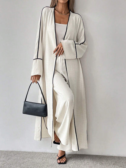 Ensemble Élégance Contrastée 2 Pièces – Veste Longue & Pantalon Large