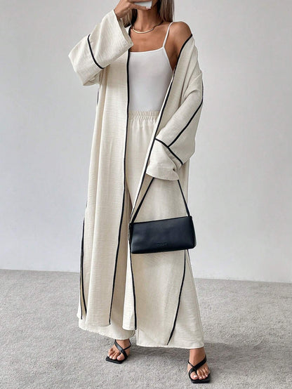 Ensemble Élégance Contrastée 2 Pièces – Veste Longue & Pantalon Large