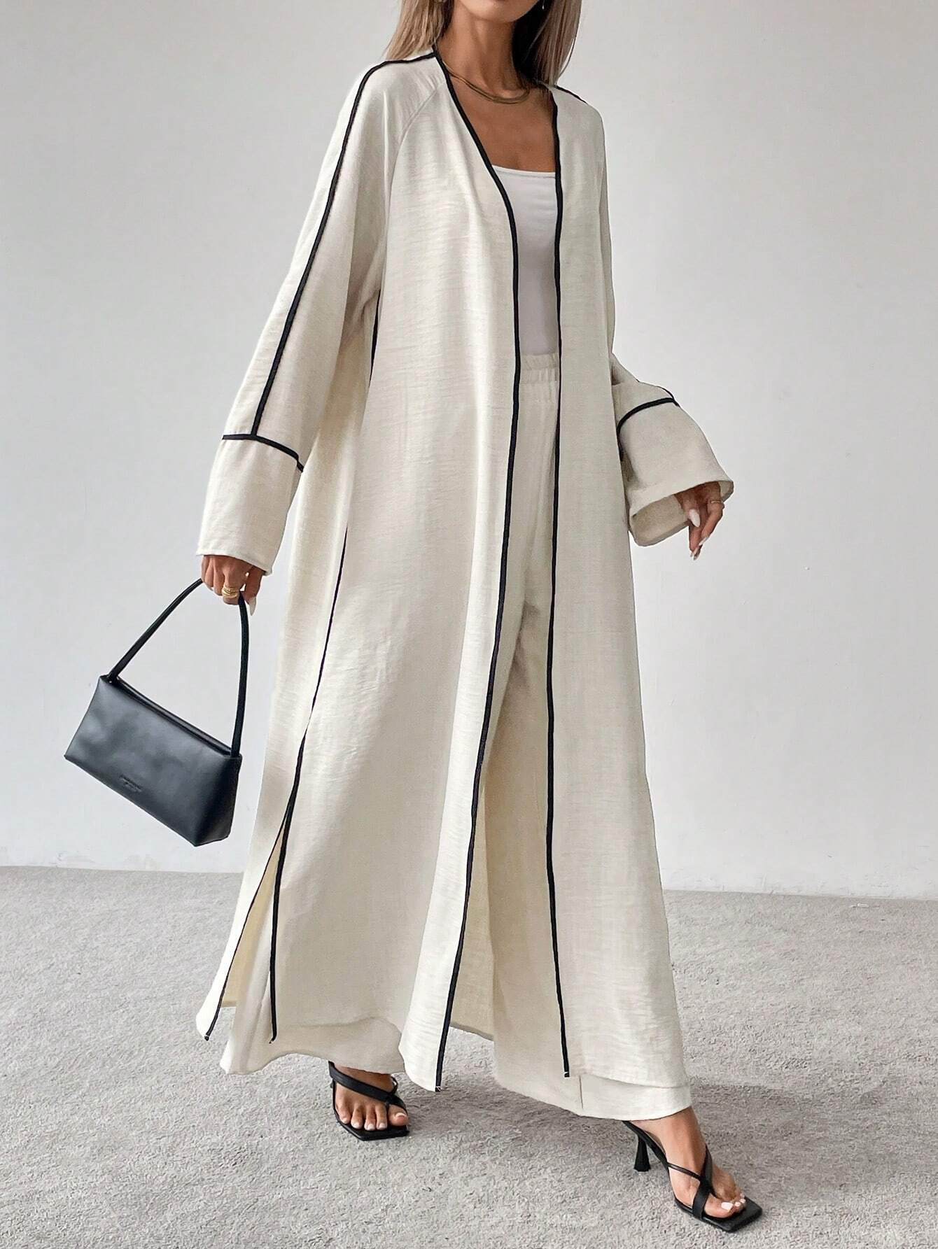 Ensemble Élégance Contrastée 2 Pièces – Veste Longue & Pantalon Large