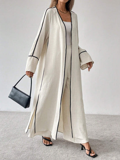 Ensemble Élégance Contrastée 2 Pièces – Veste Longue & Pantalon Large