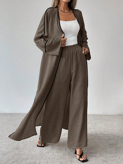 Ensemble Élégance Contrastée 2 Pièces – Veste Longue & Pantalon Large