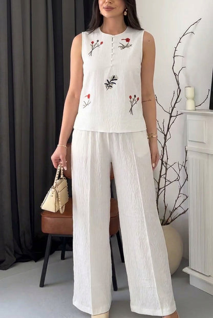 Ensemble Femme Brodé Élégant – Haut Fluide & Pantalon Confortable