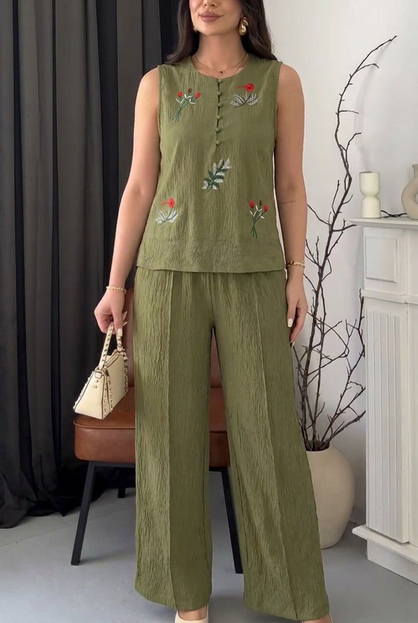 Ensemble Femme Brodé Élégant – Haut Fluide & Pantalon Confortable