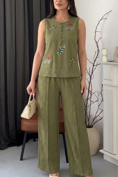 Ensemble Femme Brodé Élégant – Haut Fluide & Pantalon Confortable