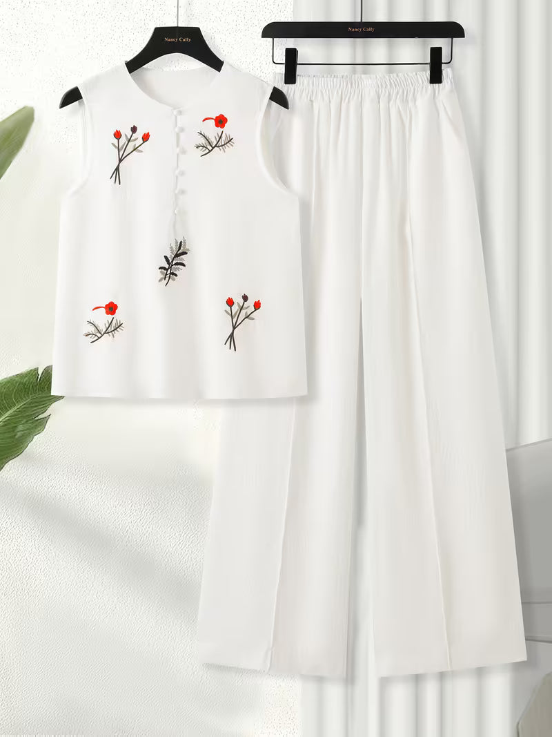 Ensemble Femme Brodé Élégant – Haut Fluide & Pantalon Confortable
