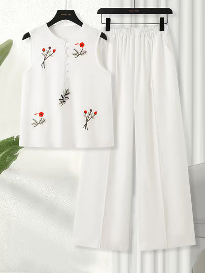 Ensemble Femme Brodé Élégant – Haut Fluide & Pantalon Confortable