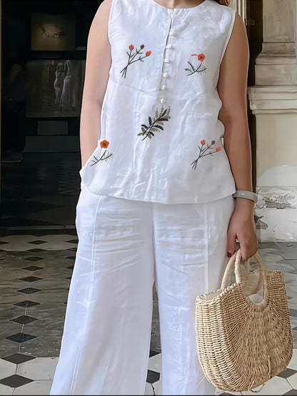 Ensemble Femme Brodé Élégant – Haut Fluide & Pantalon Confortable