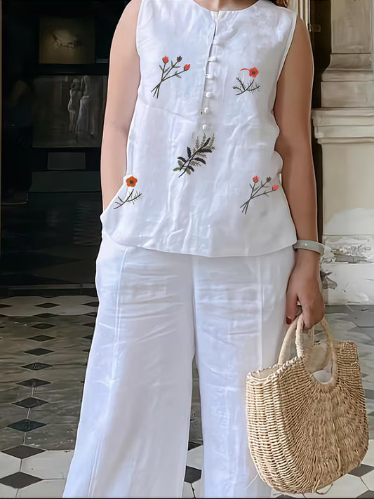 Ensemble Femme Brodé Élégant – Haut Fluide & Pantalon Confortable