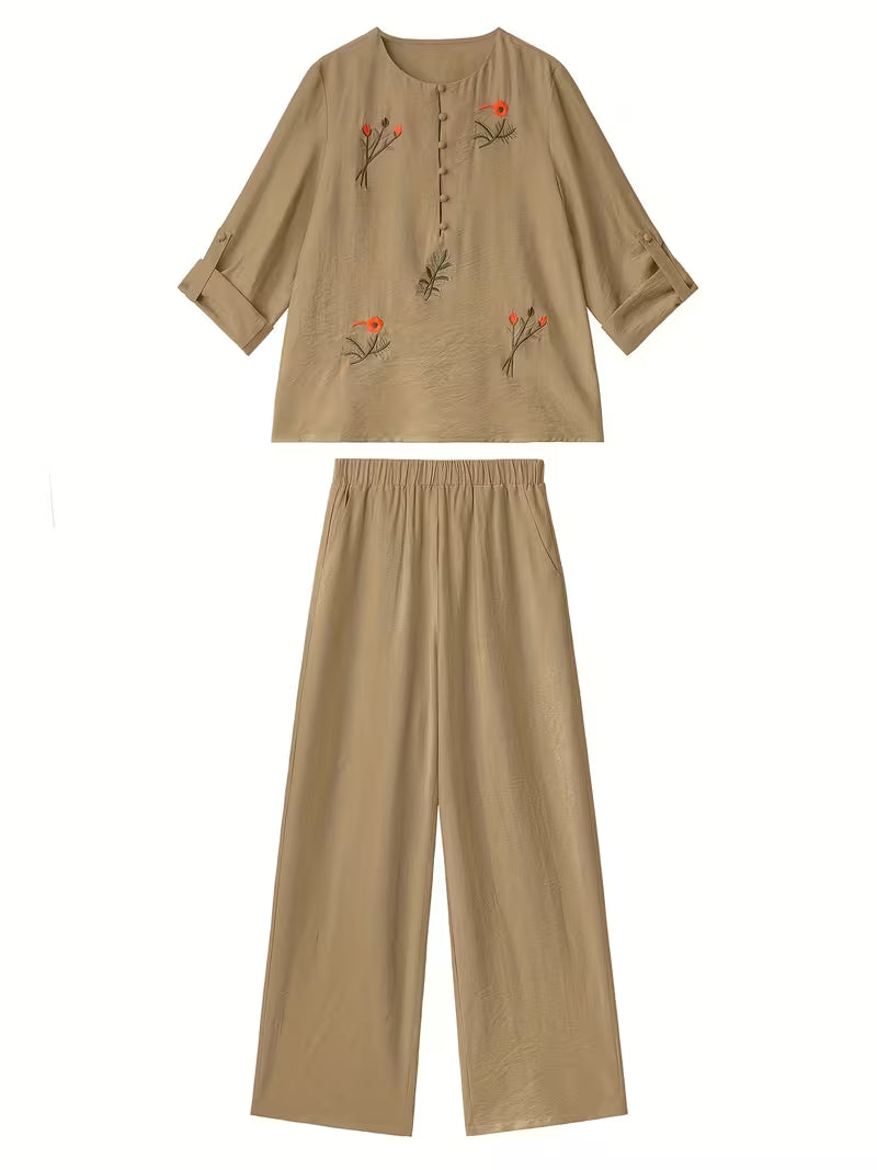 Ensemble Élégance Fleurie Brodée – 2 Pièces Femme