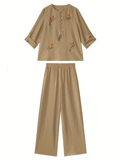 Ensemble Élégance Fleurie Brodée – 2 Pièces Femme