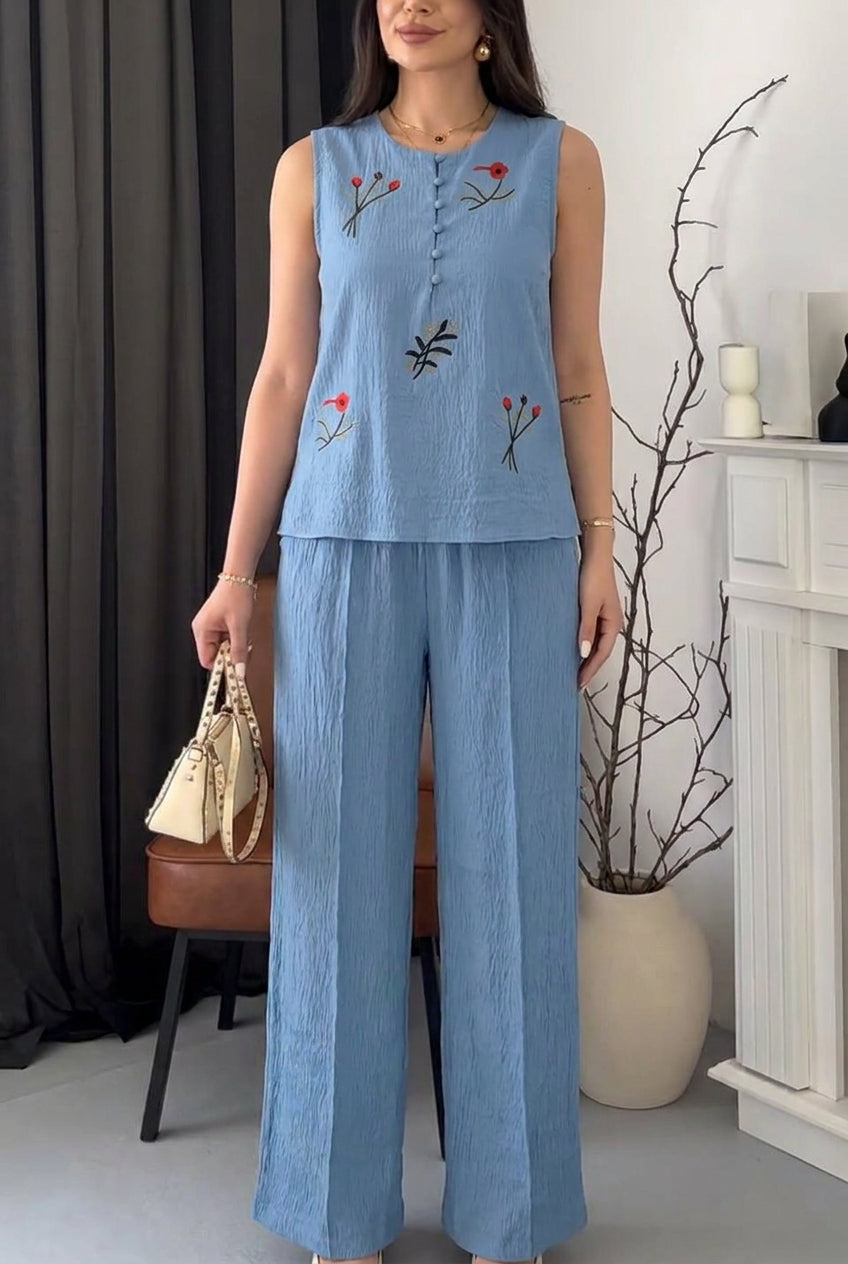 Ensemble Femme Brodé Élégant – Haut Fluide & Pantalon Confortable