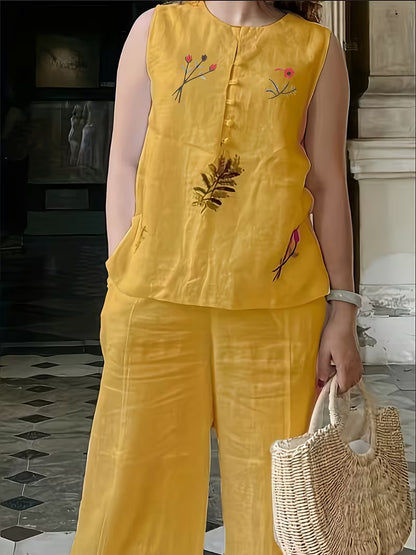 Ensemble Femme Brodé Élégant – Haut Fluide & Pantalon Confortable