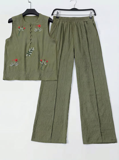 Ensemble Femme Brodé Élégant – Haut Fluide & Pantalon Confortable
