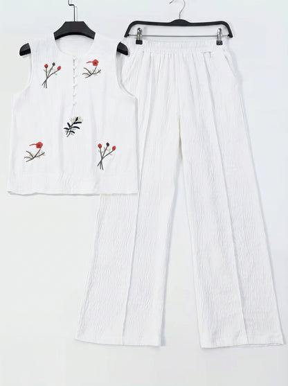 Ensemble Femme Brodé Élégant – Haut Fluide & Pantalon Confortable