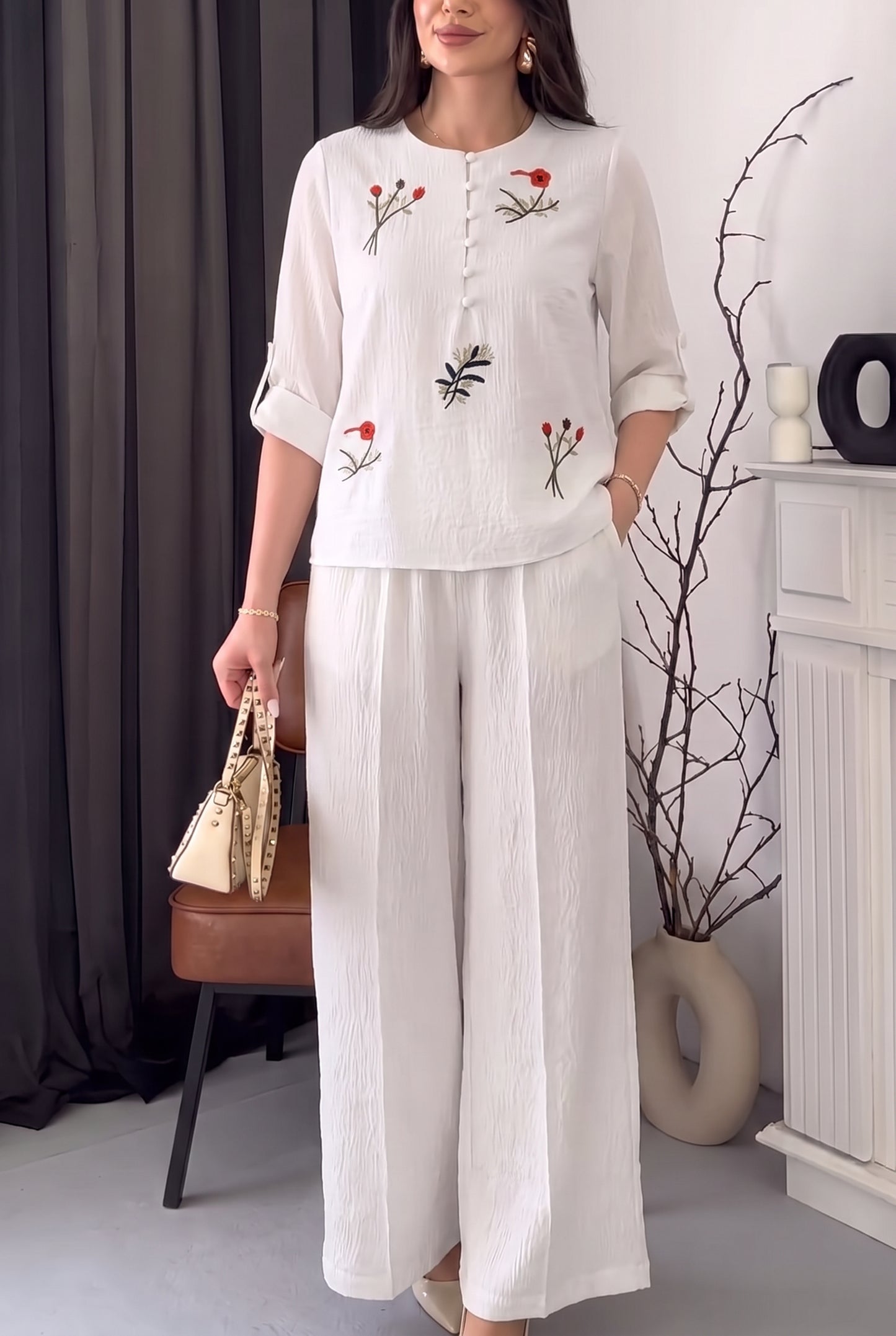 Ensemble Élégance Fleurie Brodée – 2 Pièces Femme